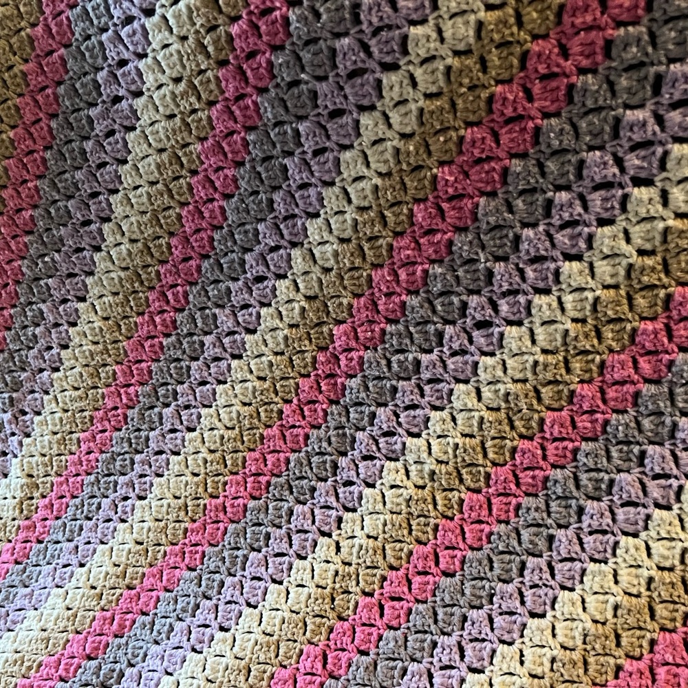 Vintage Handmade Crochet Afghan Blanket Throw.  Pink Purple Tan. 72x49.